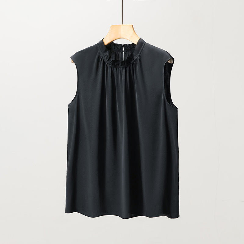 New Satin Mulberry Silk T-Shirt for Women Summer Commute Ruffled Sleeveless Vest Top Mid-Length