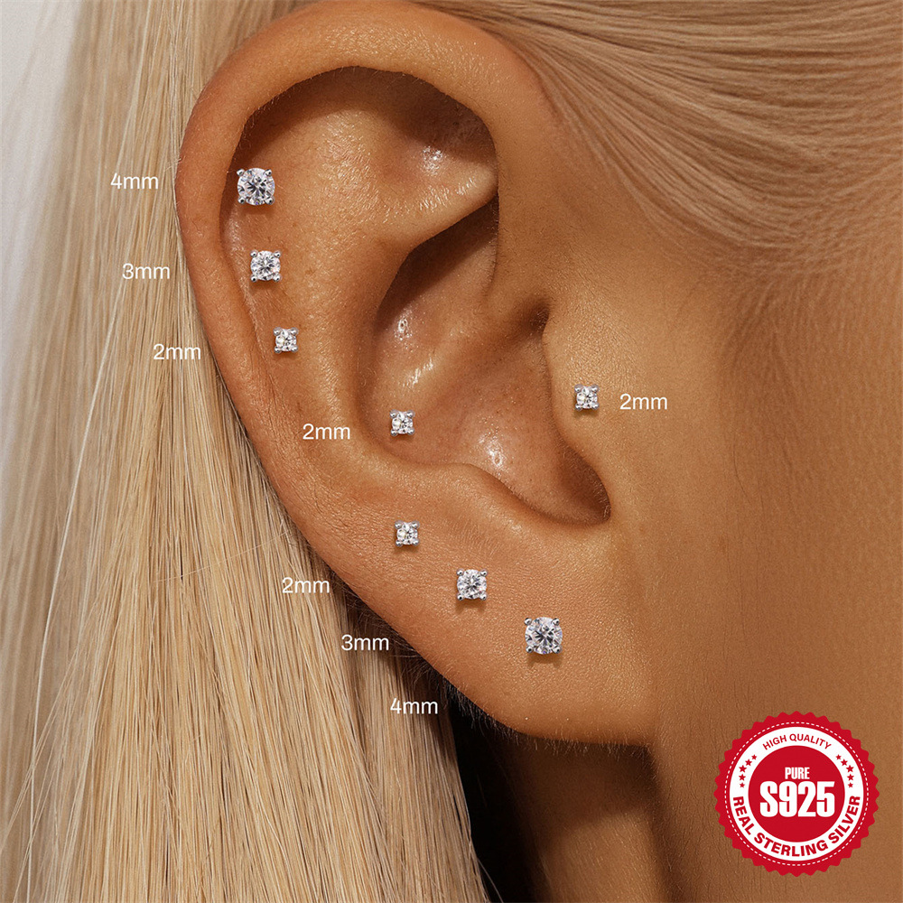 New S925 sterling silver four-claw moissanite flat head threaded cartilage ear stud ear bone stud