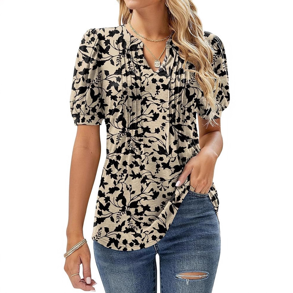 2026 Women's V-Neck Bubble Short Sleeve Pleated T-Shirt Women's Casual Top