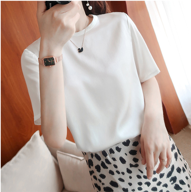 2026 Summer New S533 Loose Round Neck Heavyweight Silk Short Sleeve T-Shirt Satin Casual Top Women