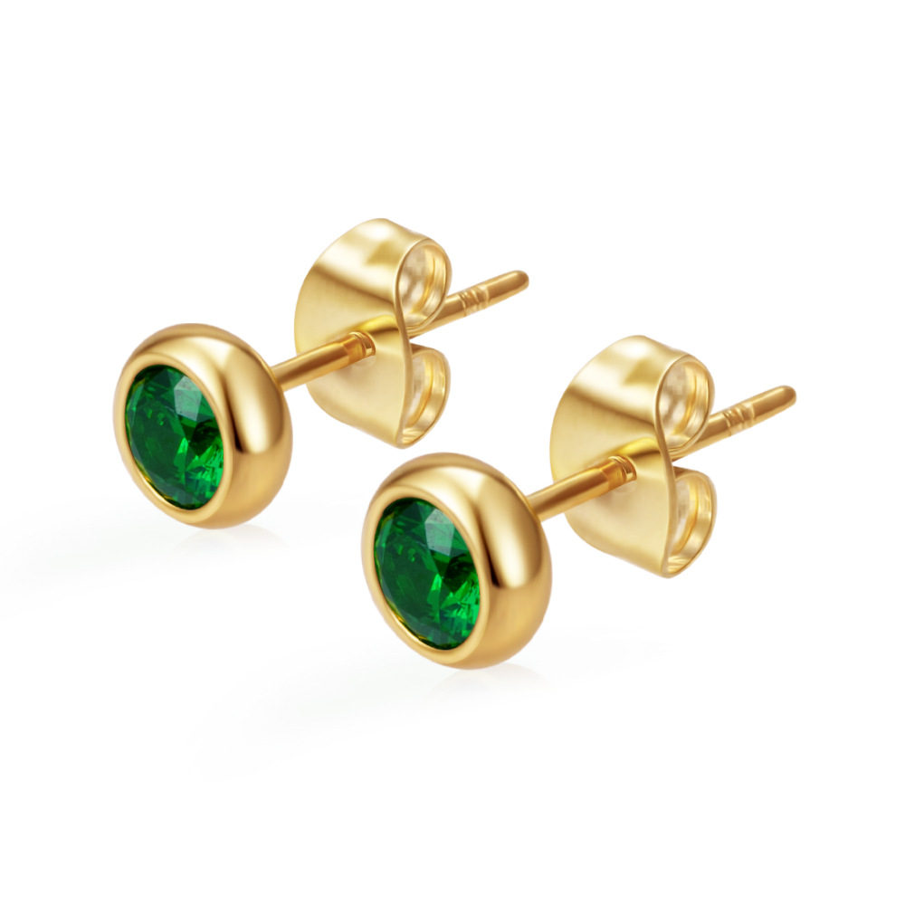 Exclusive round stainless steel zircon stud earrings for women, multi-color ear accessories, PVD 18K real gold ear