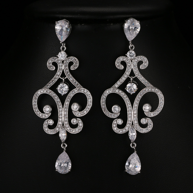 Dubai exaggerated long hollow earring ear stud earring AAA zircon super flash bridal evening earring
