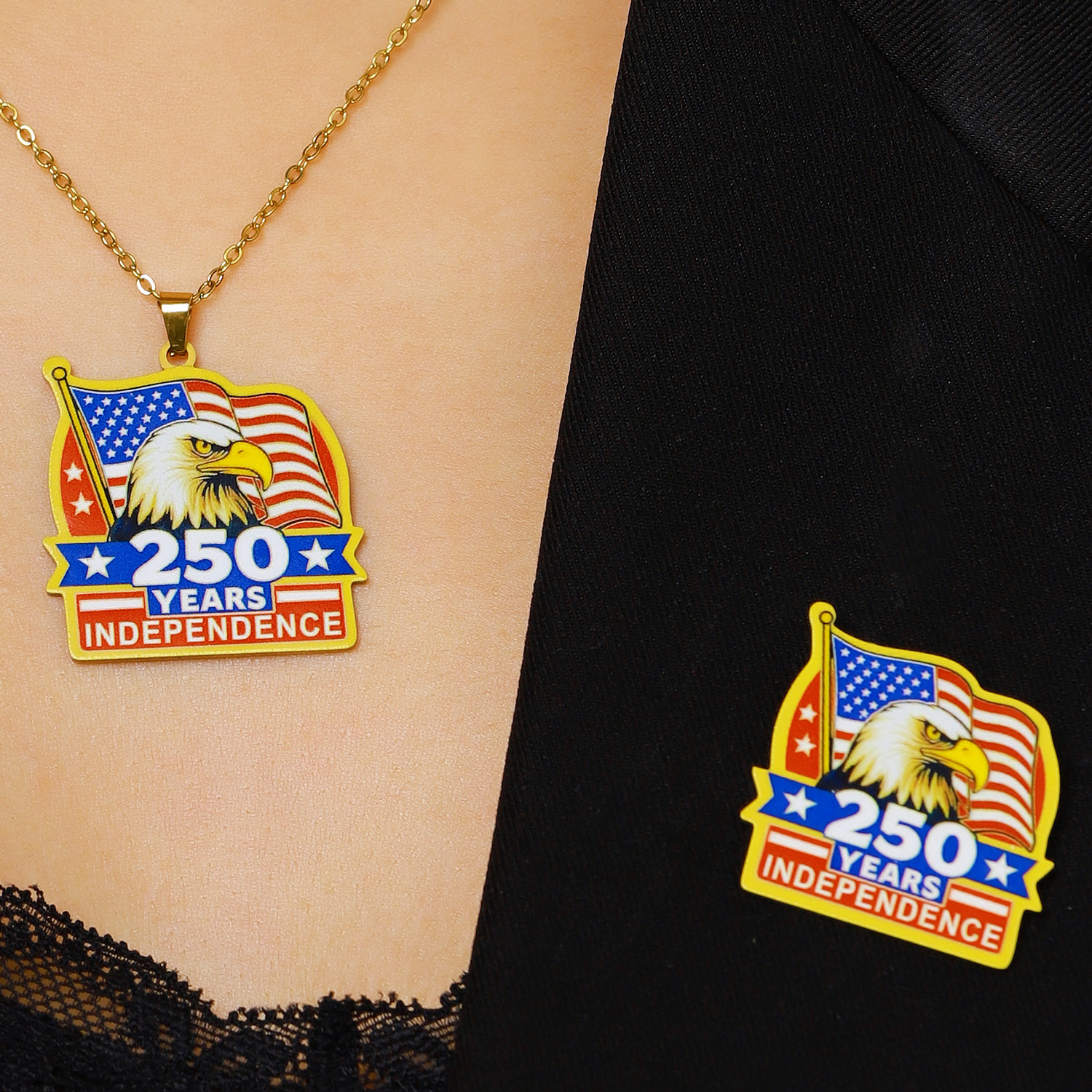 250th Anniversary American Independence Day Commemorative Brooch Earrings Ring Necklace Women's Bow Pendant Collarbone Chain Jewelry