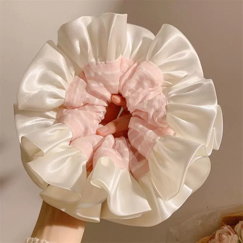 92#粉白条纹拼接缎面波浪发圈约20cm
