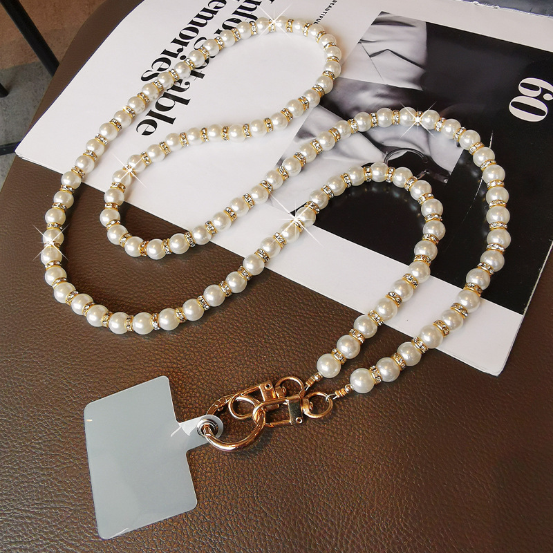 Mobile phone lanyard crossbody pearl bead chain card case rhinestone pendant women's handmade string beads