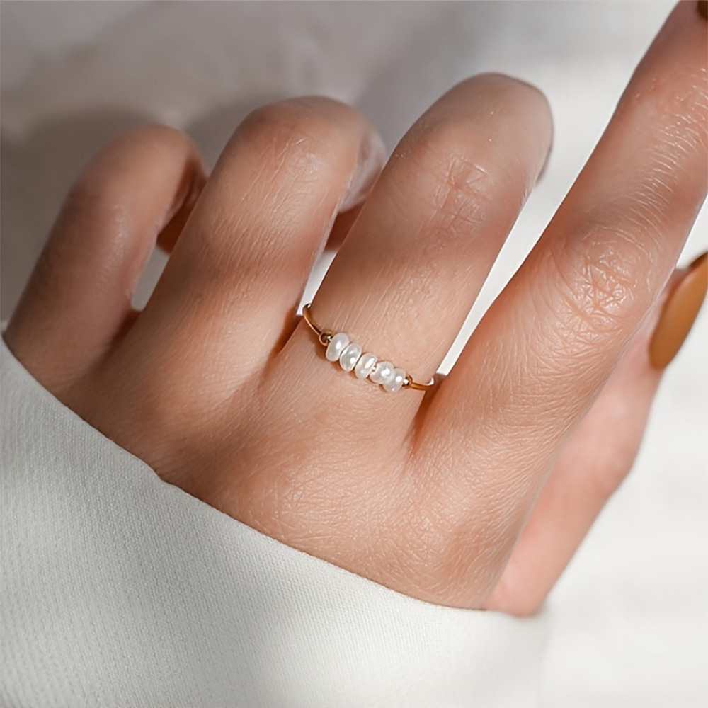 eManco Simple Natural Baroque Pearl Ring Minimalist Ring for Women Titanium Steel Jewelry