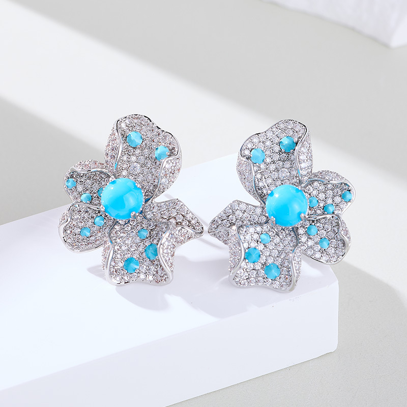 Heavy Craft Inlaid Blue Turquoise Flower Earrings for Women Ring s925 Silver Needle Elegant Earrings Set