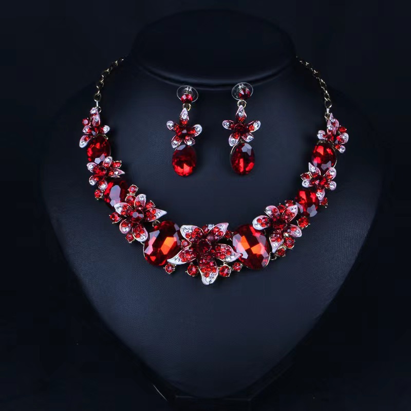 Exaggerated Necklace Earring Two-Piece Crystal Colorful Oil Painting Jewelry Set Straight Hair