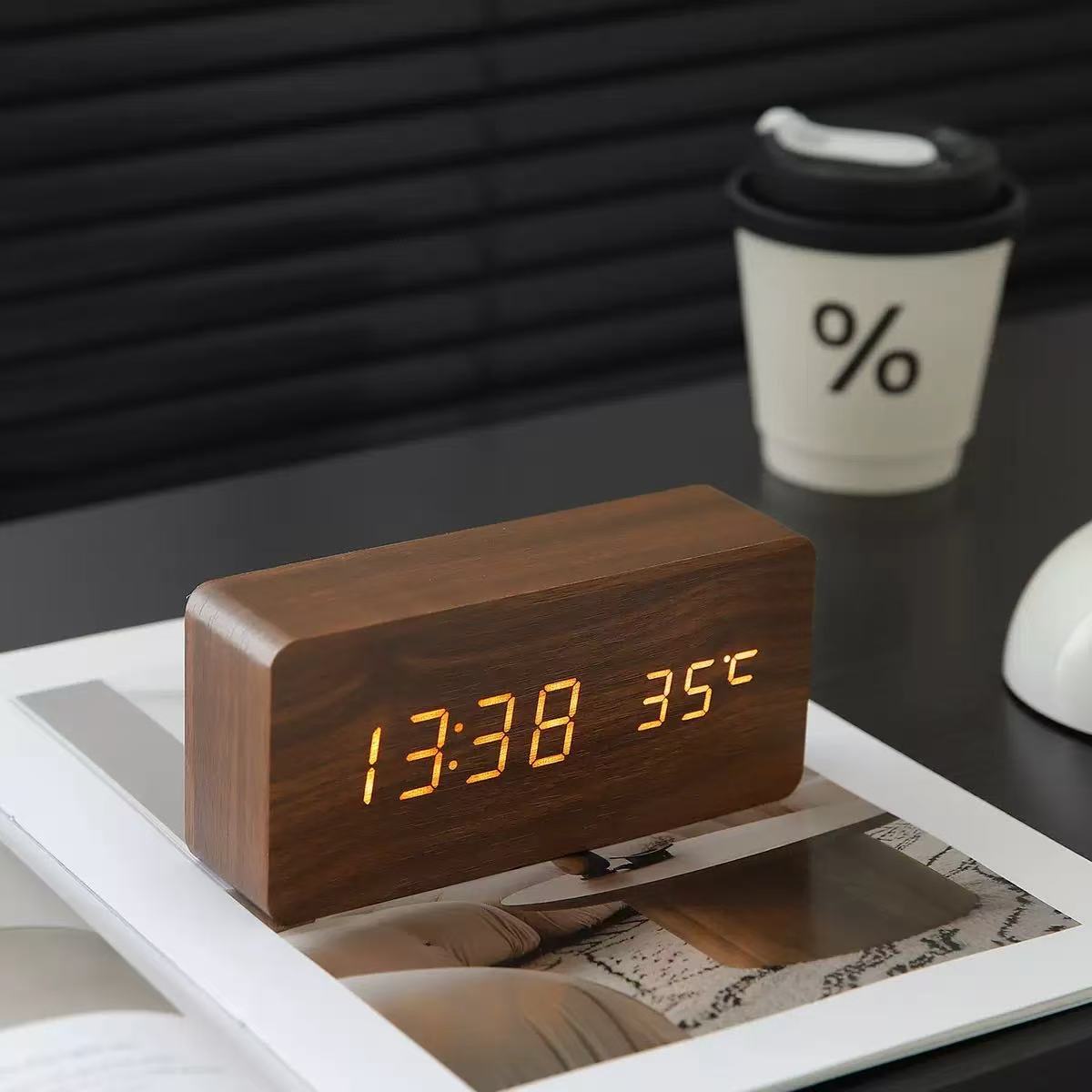 PVC Wooden Clock Multifunctional Alarm Clock LED Clock Thermometer Digital Clock Student Bedside Electronic Night Light Alarm