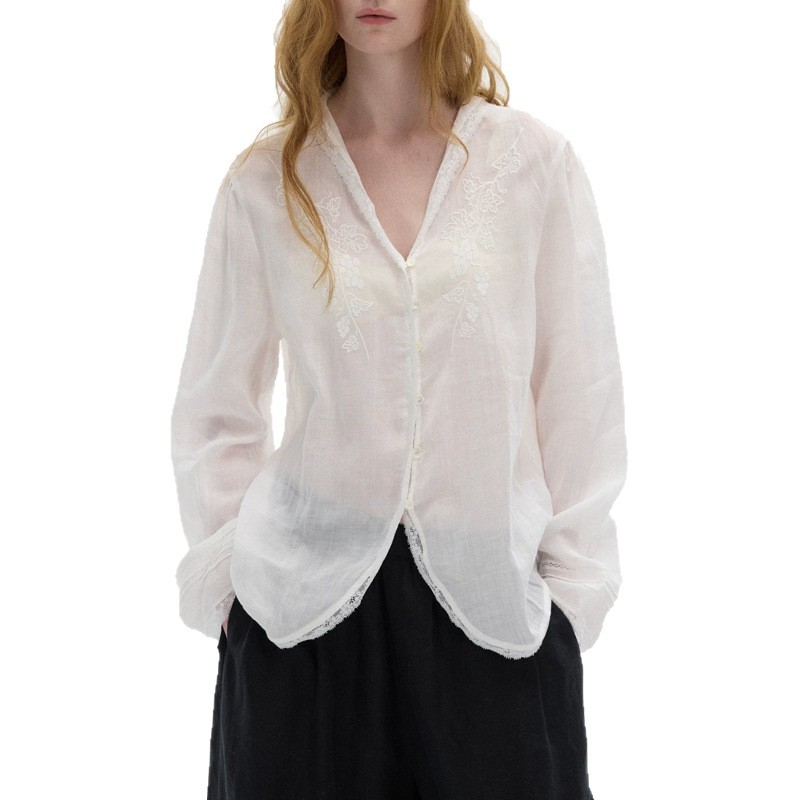 2026SS 100% Ramie Embroidered V-Neck Sheer Lace Trim Blouse