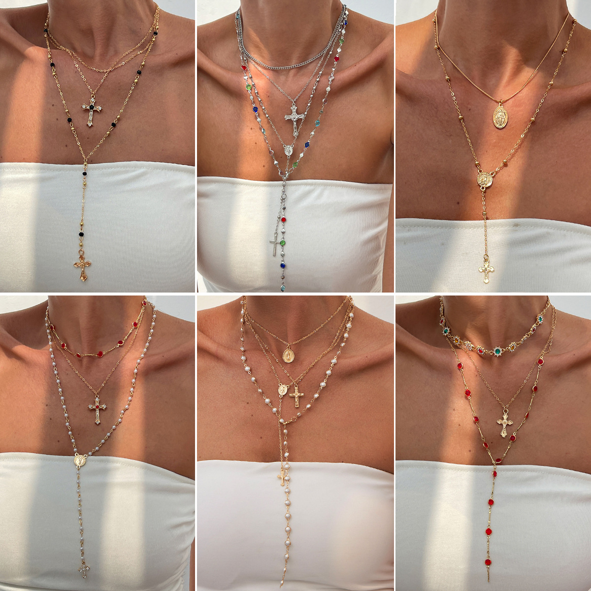 Hip-hop rhinestone cross pendant necklace faux pearl chain layered neck ornament for women