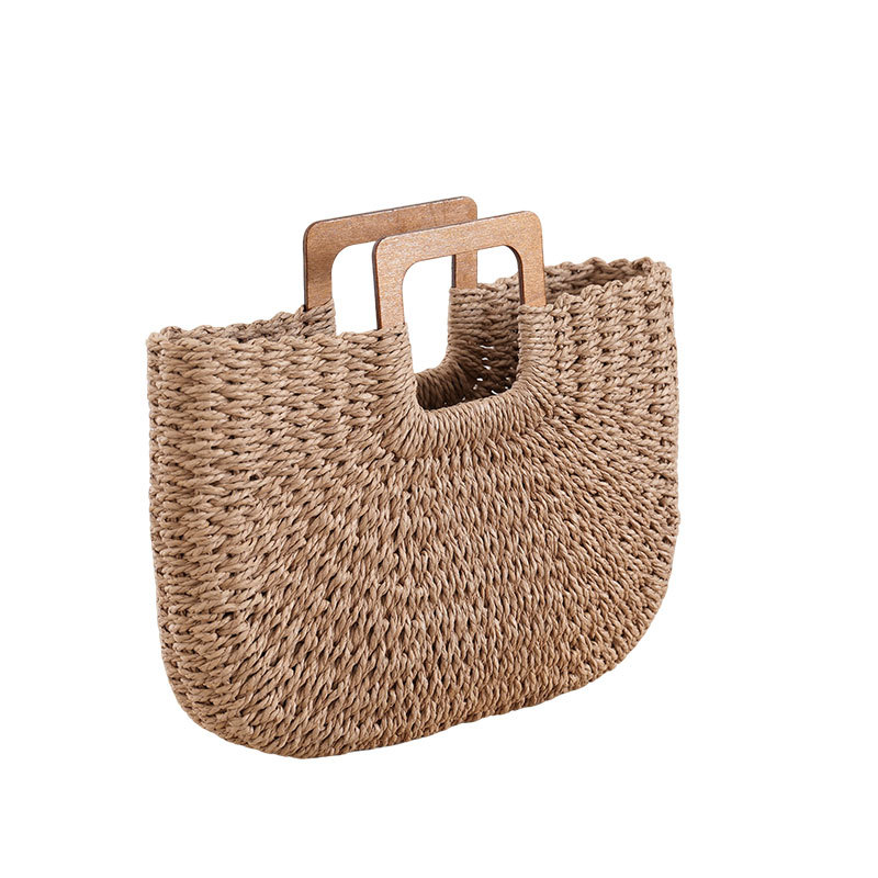 New Wooden Handle Woven Bag Large Capacity Handbag Casual Simple Summer Beach Vacation Travel Straw Bag
