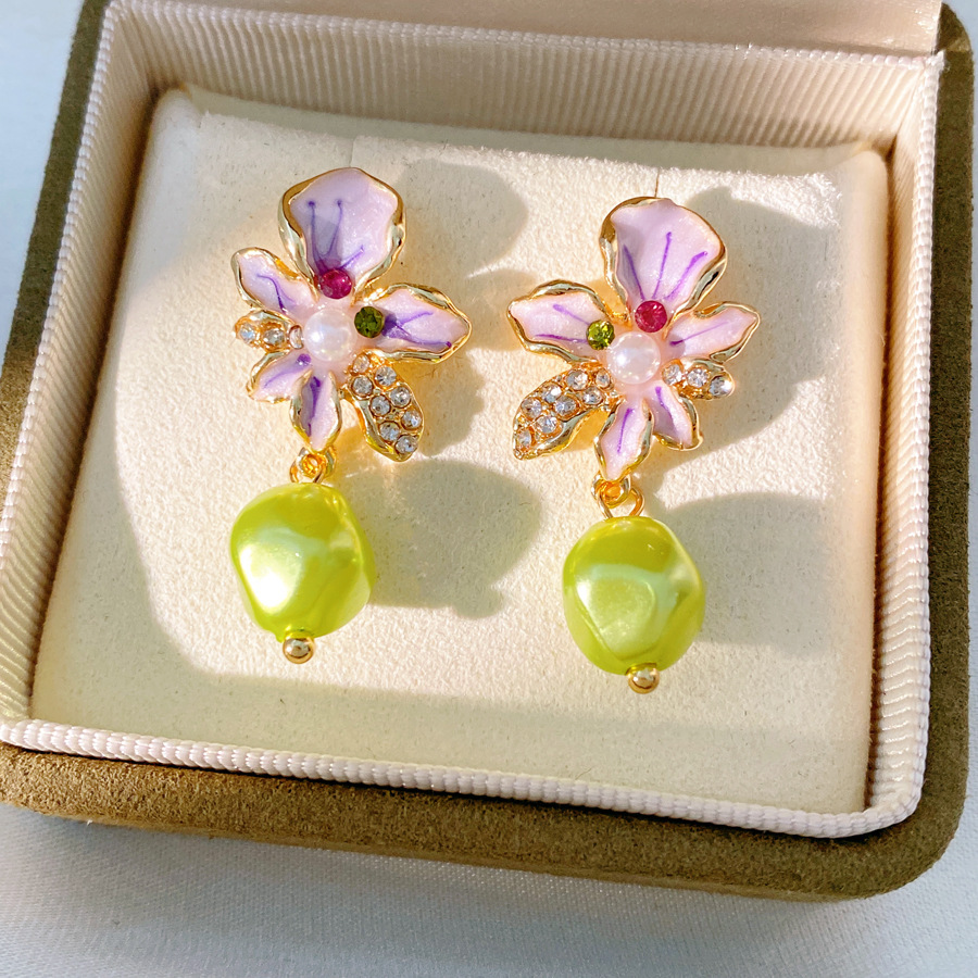 Enamel Crystal Flower Silver Needle Earrings for Women