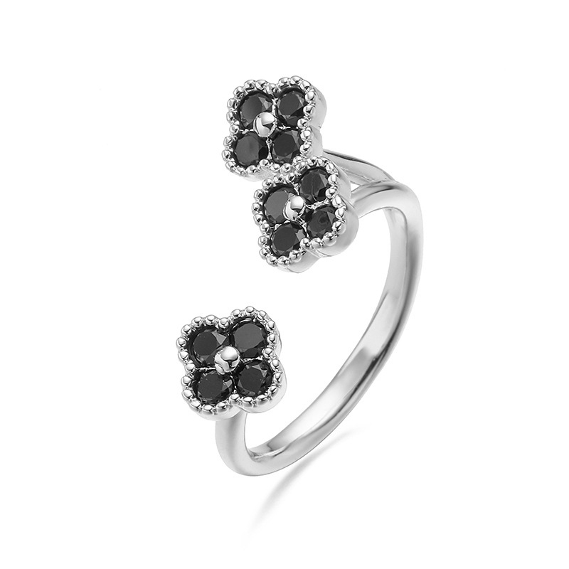 Copper Inlaid Colorful Diamond Lucky Four-Leaf Clover Ring, Exquisite Super Shiny Flower Petals Open Adjustable Ring