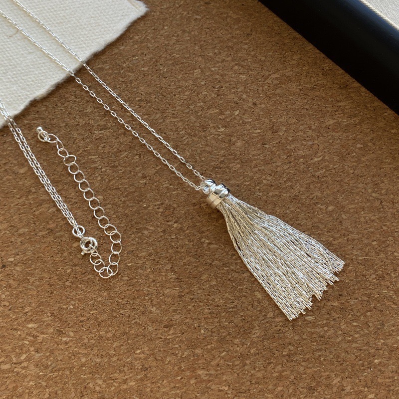 Silver tassel long necklace, heavy sweater chain