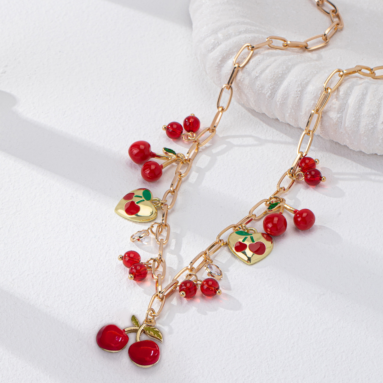 Qingdao Daiwei Accessories Clock Cherry Heart Pendant Necklace Summer Seaside Beach Cute Sweet Style Necklace