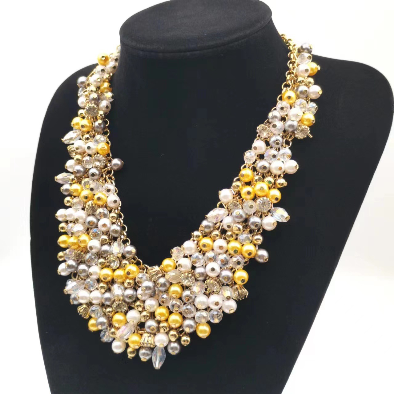Luxury rhinestone multi-layer natural pearl bride necklace ship immediately
