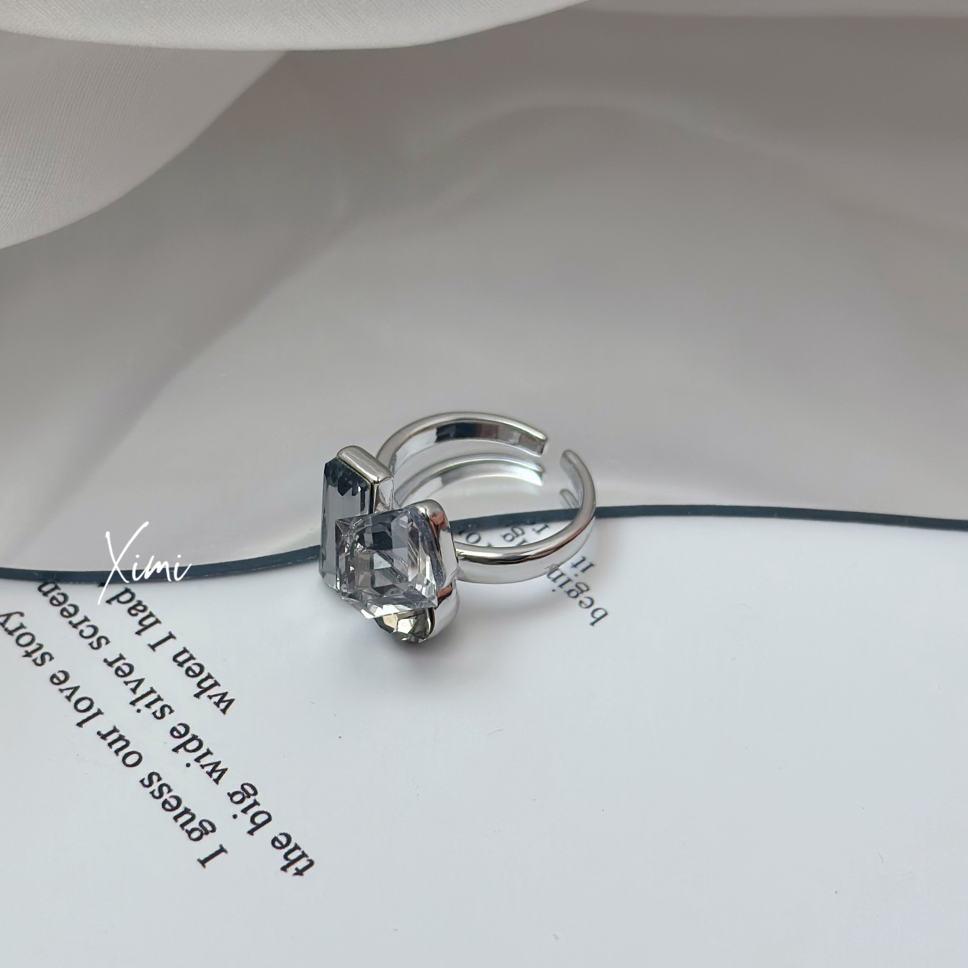 Rhinestone Square Open Ring Niche Unique Index Finger Ring for Women