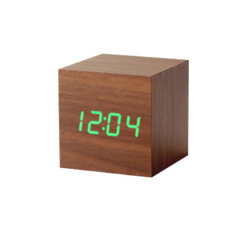 Mini small square wooden clock, LED electronic alarm clock, silent voice-activated multi-functional clock, gift logo decoration
