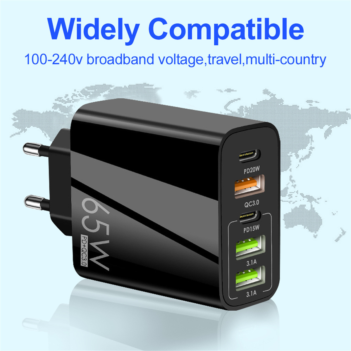 Standard PD65W Fast Phone Charger 4A Type-C PD+3USB Multi-Port Travel Charger Charging Head