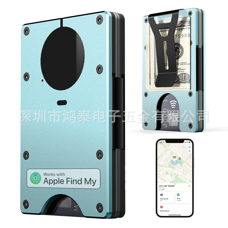 AirTag metal money clip with built-in Apple Airtag chip, trackable wallet, supports RFID blocking function