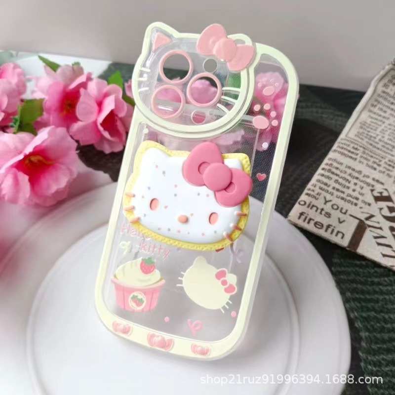 KT cat with stand 17 phone case iPhone 13 cartoon soft case Apple 12 phone 15 Pro protective case 16