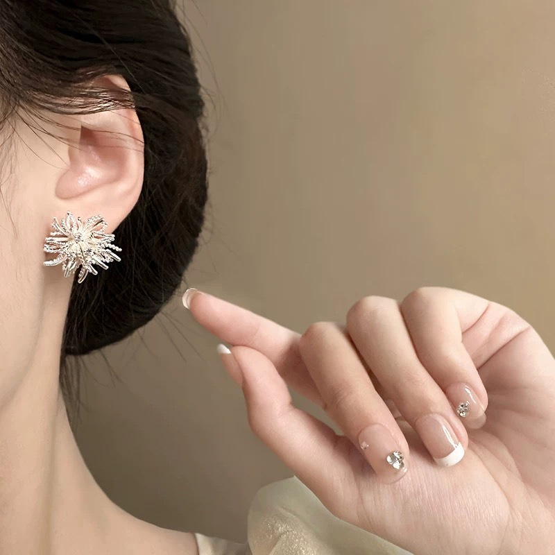 Silver dandelion ear studs women unique exaggerated earrings ear accessories