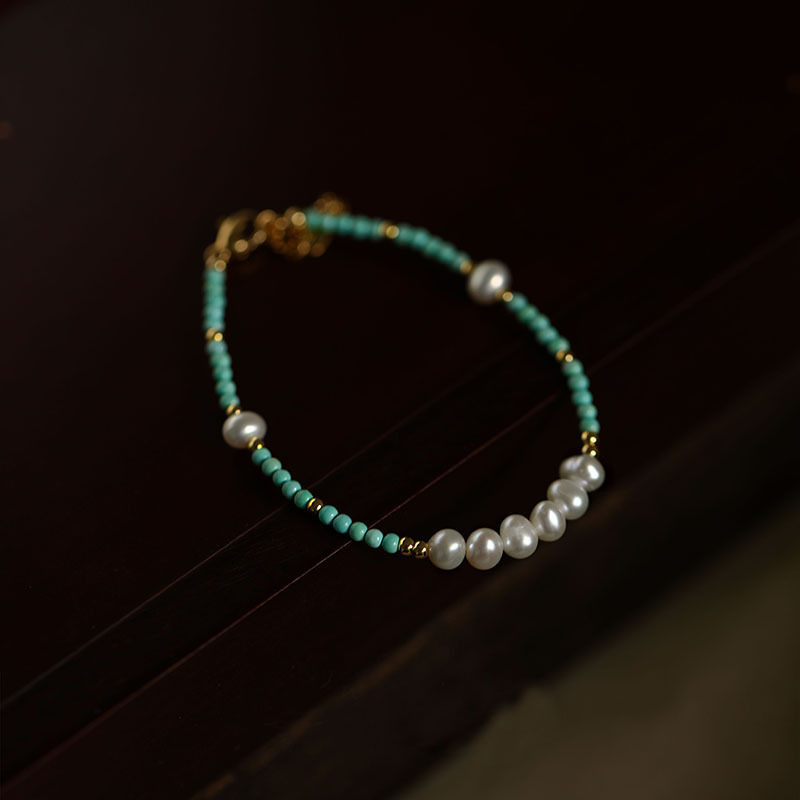 Natural freshwater pearl turquoise bead necklace for women, summer niche collarbone neck chain accessory