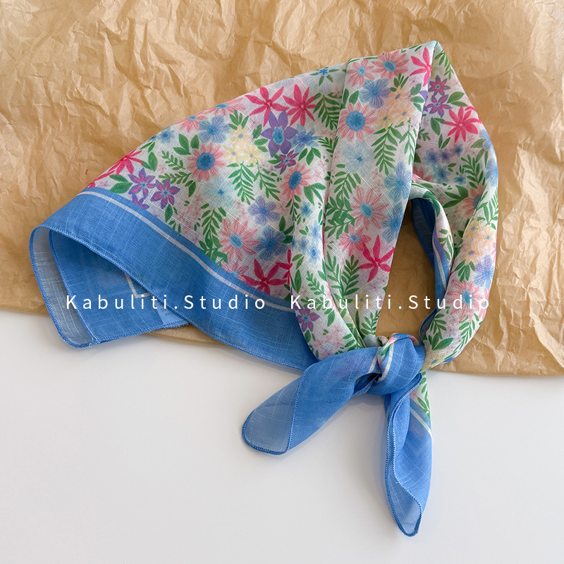 Silk scarf women's cotton linen small square scarf, sweet crushed flower headwrap sun protection decorative photo air-conditioned room shawl