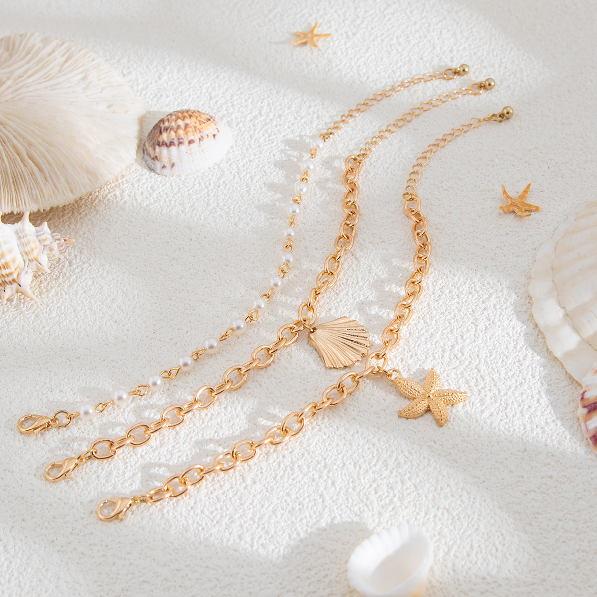 Ocean Vacation Style Starfish Scallop Shell Pendant Necklace Multi-layer Stacking Metal Chain Necklace