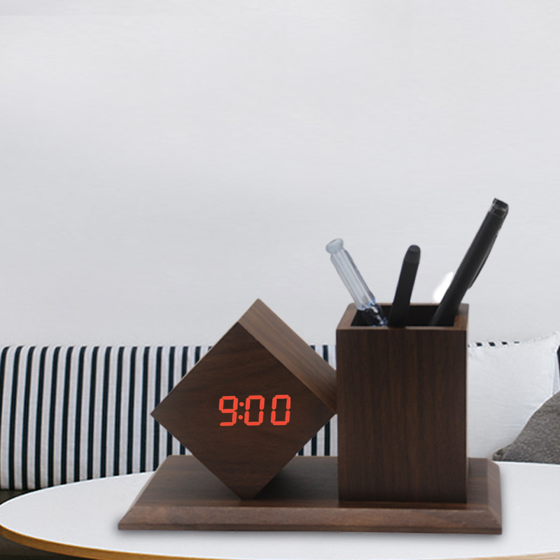 New Wooden Clock LED Smart Alarm Clock Home Office Desktop Pen Holder Wooden Clock Smart Electronic Clock