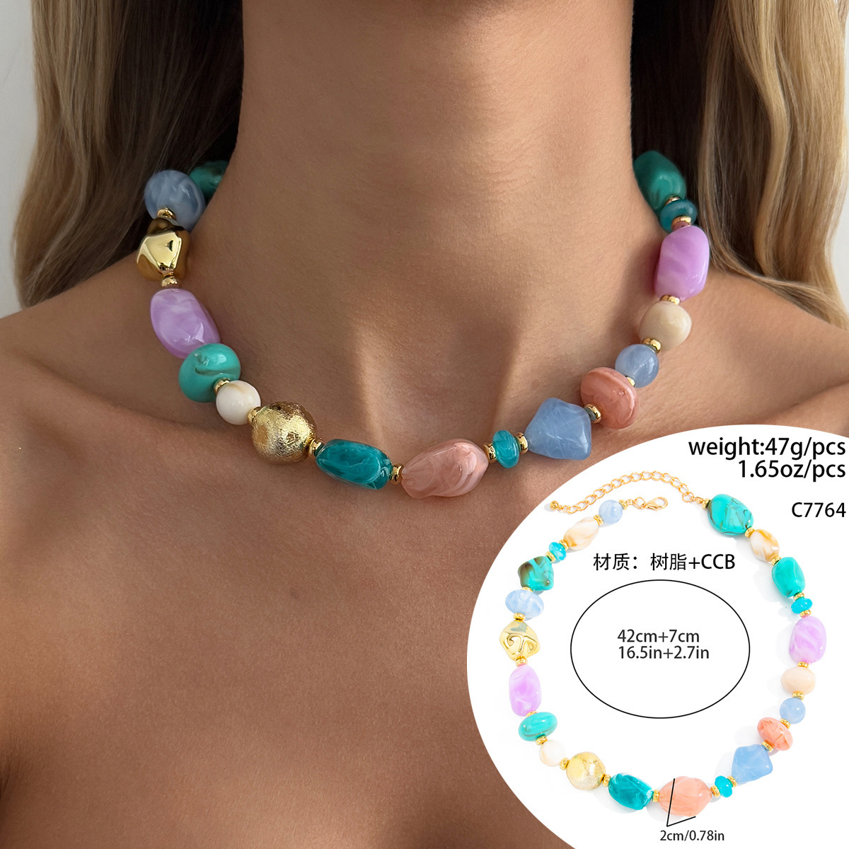 Bohemian colorful resin beaded necklace irregular CCB beads layered neck ornament