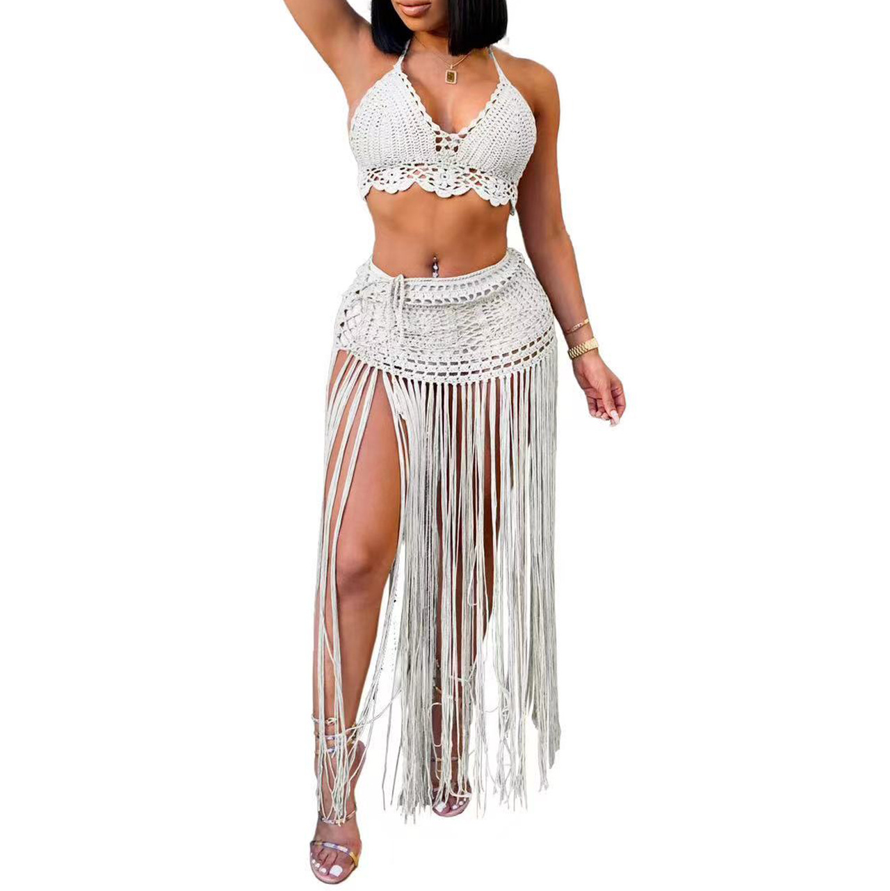 Women's Set Hand-Crocheted Beach Bikini Top Plus Long Tassel Skirt Two-Piece Set