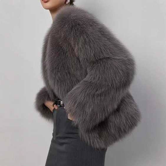 Fur V-neck artificial jacket short fox fur fluffy plush women's clothing eco-friendly fur
