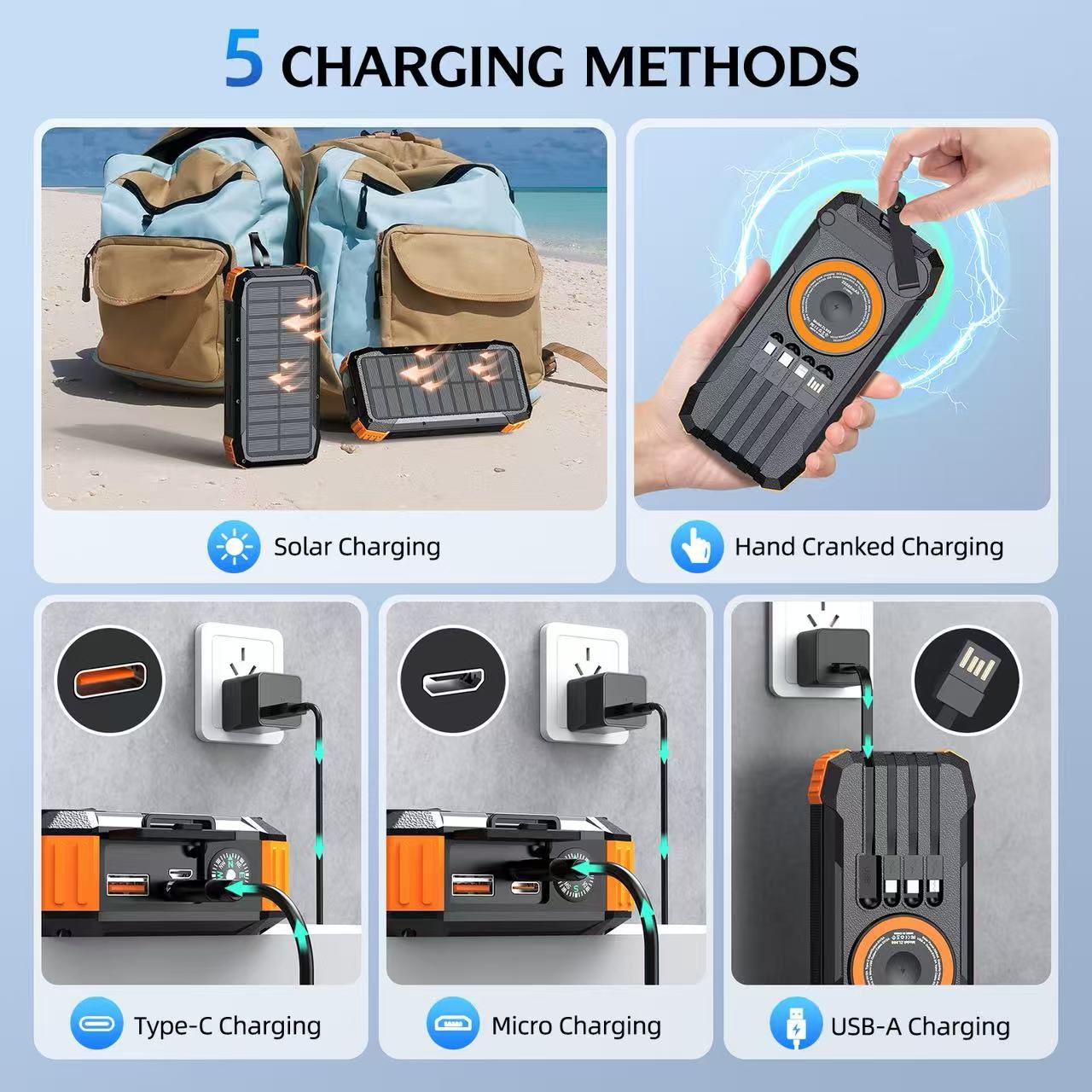 2025 new hand-crank solar charging bank four-line outdoor power bank 20000mAh magnetic wireless