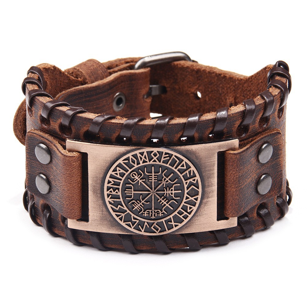 Men's Alloy Wolf Head Accessories Wide Leather Bracelet New Woven Bracelet Cowhide Bracelet