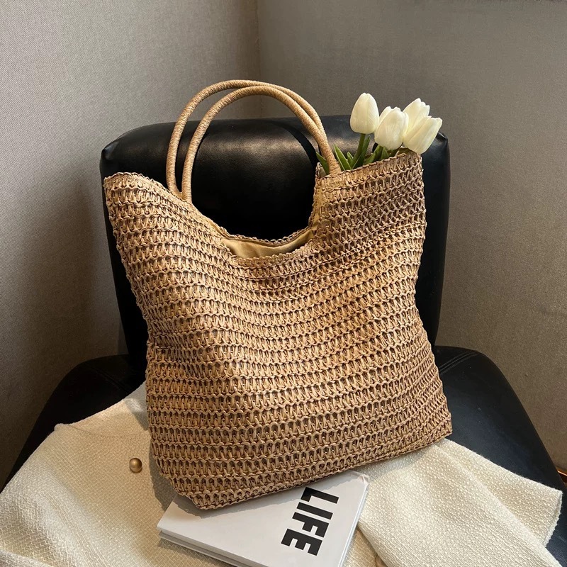 New Zipper Straw Bag Handwoven Bag Large Capacity Single Shoulder Tote Bag Women's Vacation Beach Bag Women's Bag