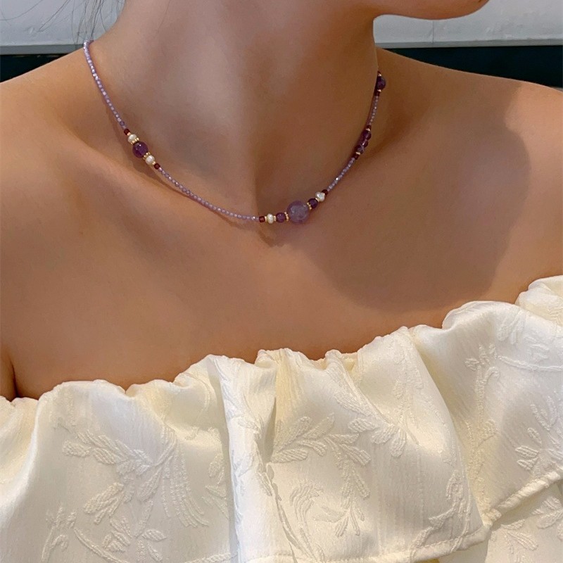 New Chinese Style Amethyst Freshwater Pearl Necklace Amethyst Li Fire Crystal Ball Pendant Choker Simple Necklace