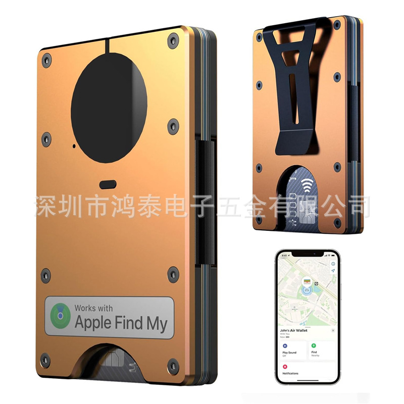 AirTag metal money clip with built-in Apple Airtag chip, trackable wallet, supports RFID blocking function