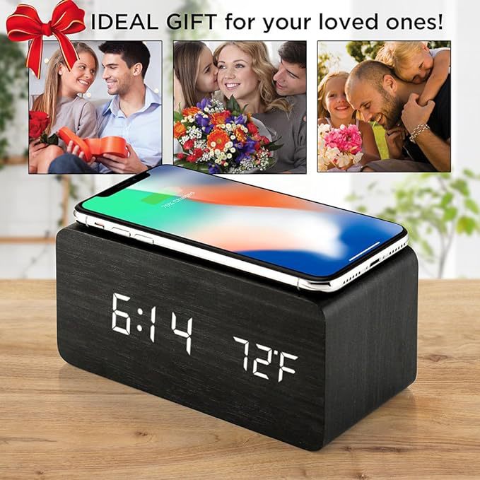 Wireless Charging Alarm Clock Multifunctional Smart LED Electronic Clock Simple Wooden Clock Silent Night Light Clock