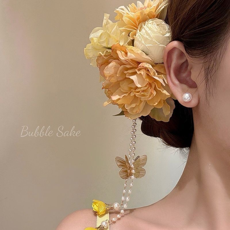 Super fairy faux flower tassel hair clip for women vacation style accessory Hanfu cheongsam side clip bun hair accessory