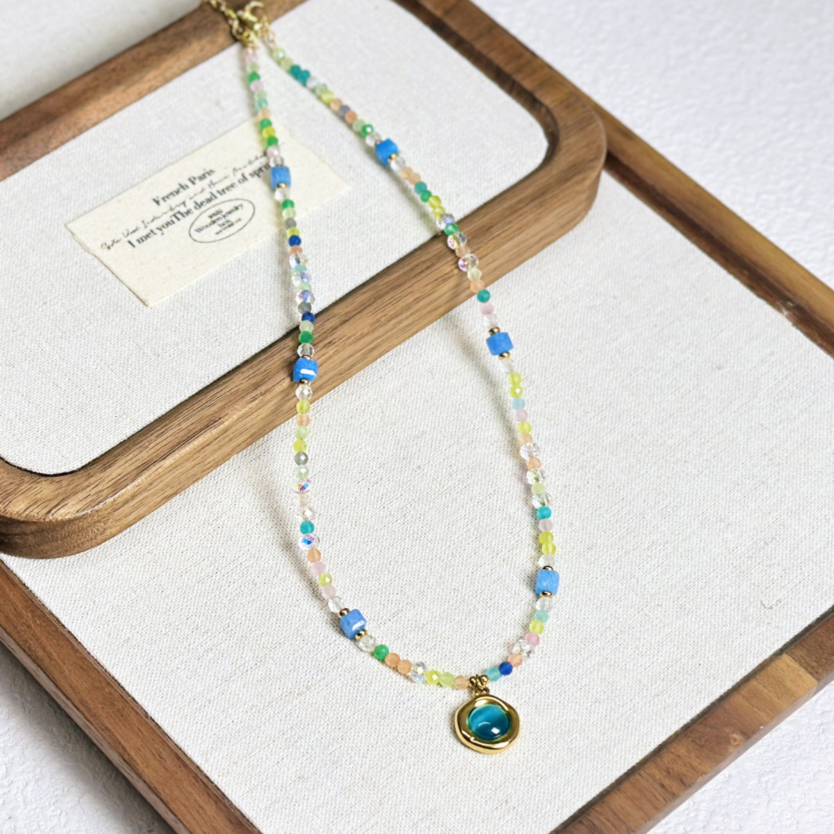 New Ethnic Contrast Color Natural Stone Beaded Necklace Small Geometric Pendant Collarbone Chain Sweater Chain