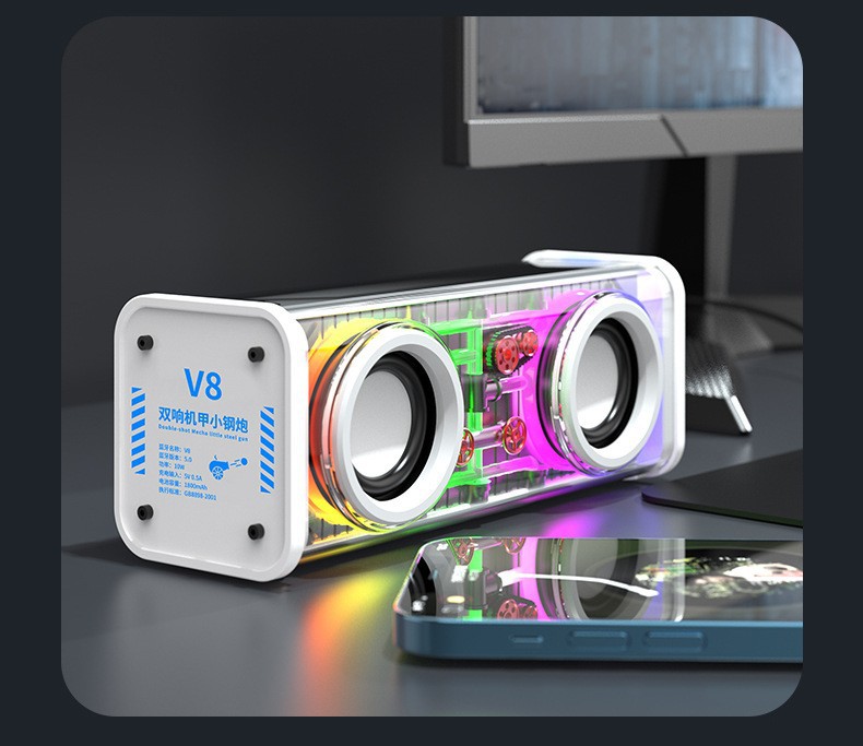 V8V1 Bluetooth speaker transparent mecha colorful subwoofer wireless portable mini desktop speaker