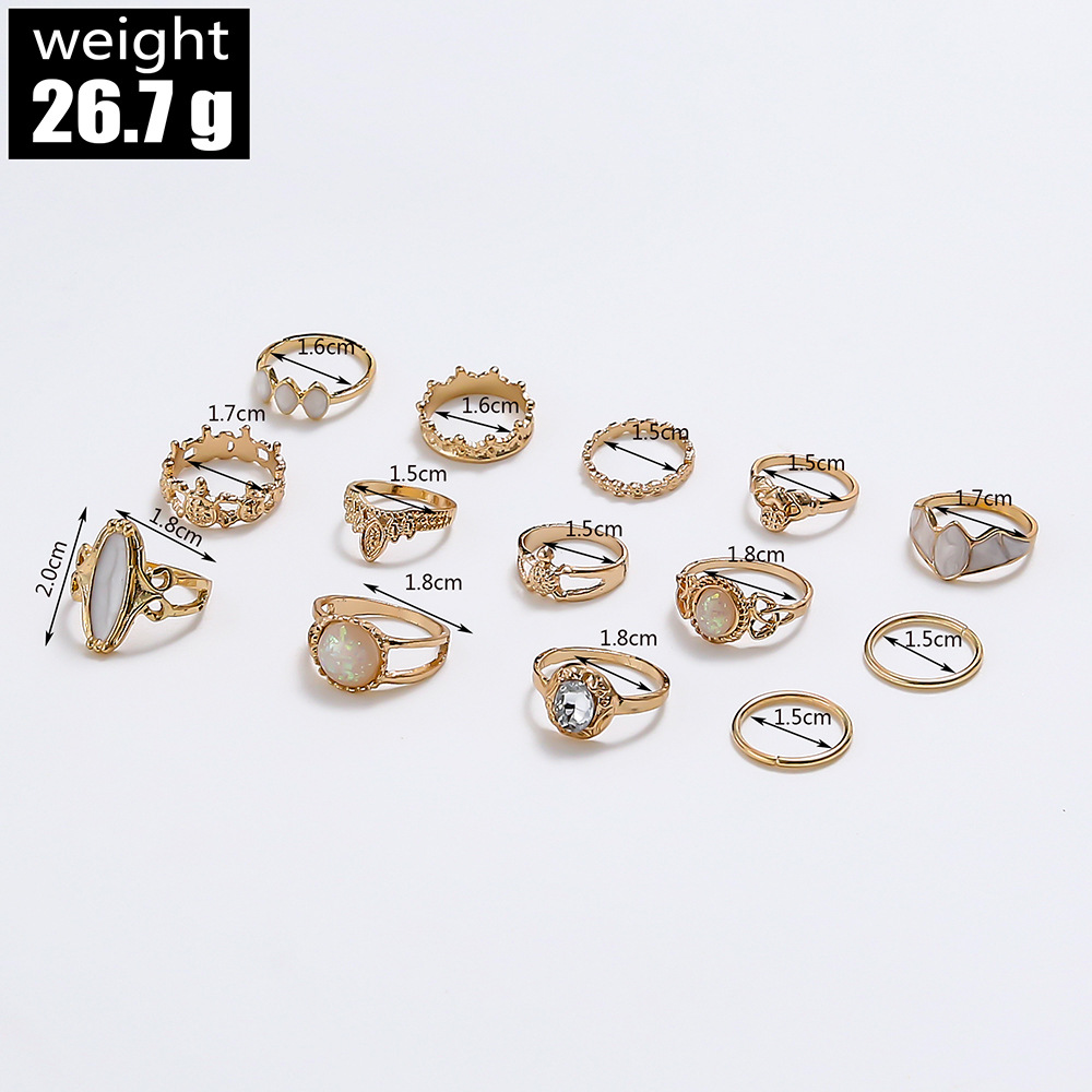 Imitation Amber Accessory Diamond Carved Star Gemstone 14-Piece Combination Ring Set