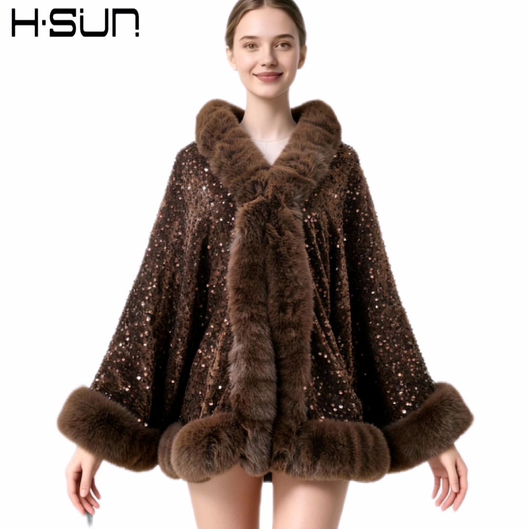 2026 Autumn and Winter Cape Outerwear Small Vest Street Style Cape Solid Color Sequins Fur Collar Poncho