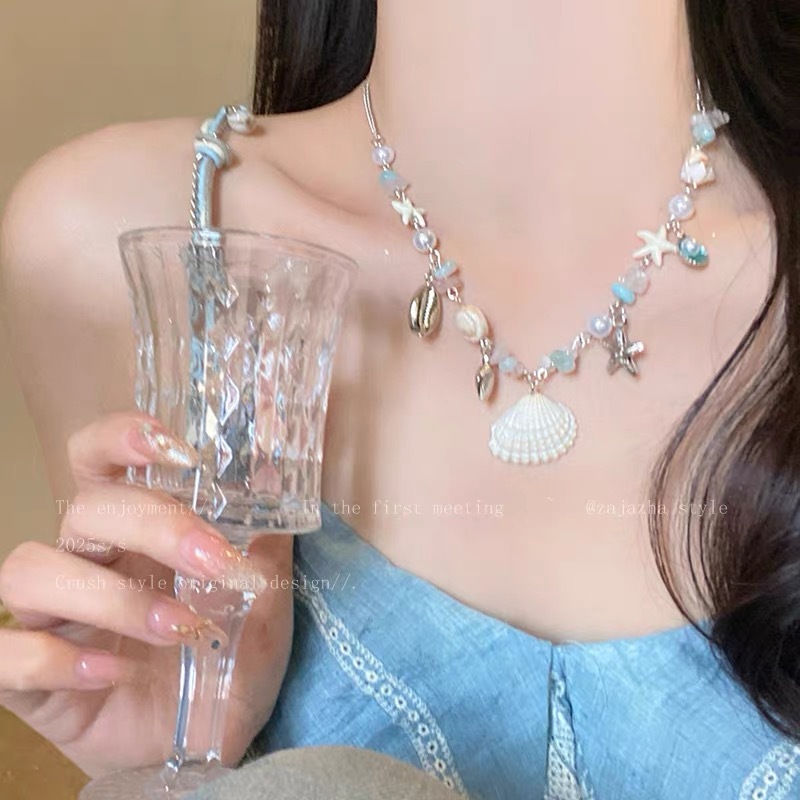 Seaside resort style natural shell bead adjustable necklace hand-woven rope sweet style collarbone chain