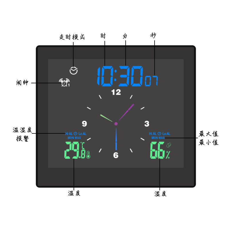 Indoor Thermometer Hygrometer Household Children Student Desktop Bedside Clock Electronic Digital Clock Waterproof Bathroom Wall Clock