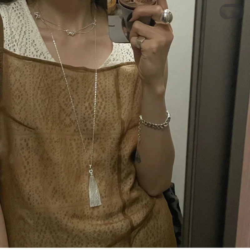 Silver tassel long necklace, heavy sweater chain