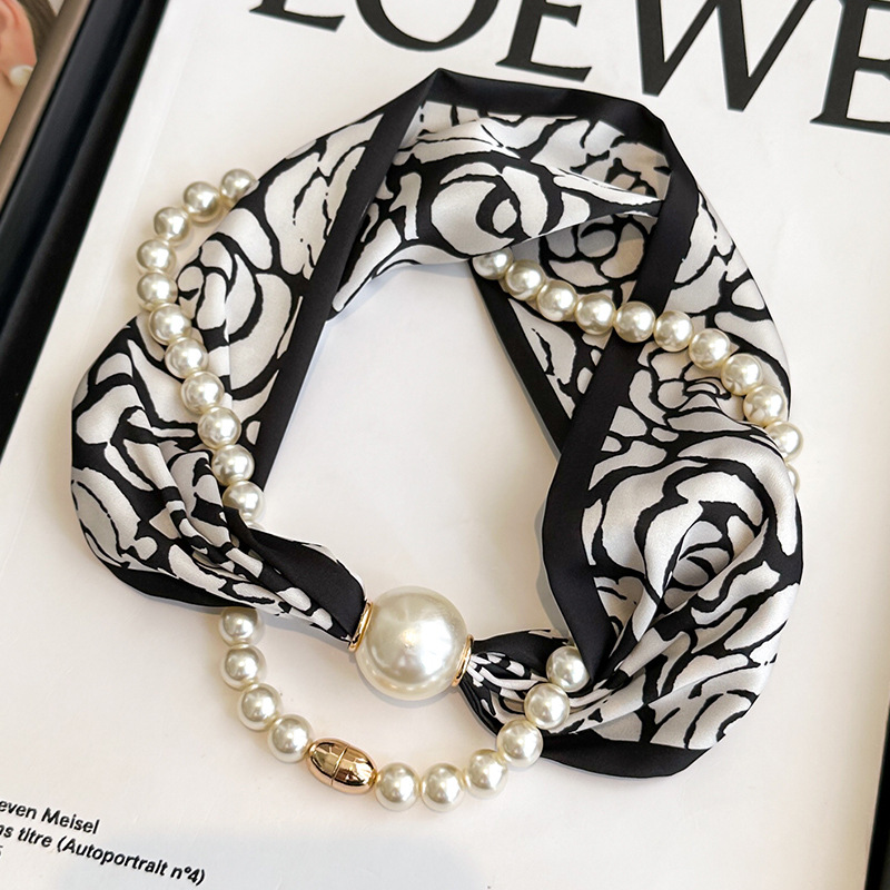 Magnetic buckle pearl necklace small long strip silk scarf women mother neck protection lazy matching shirt thin scarf