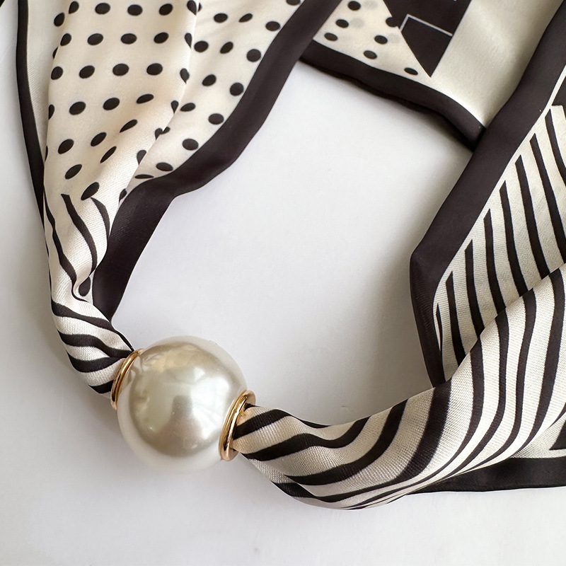 Pearl necklace magnetic buckle narrow small silk scarf for women, neck protection professional decorative collarbone matching shirt thin scarf